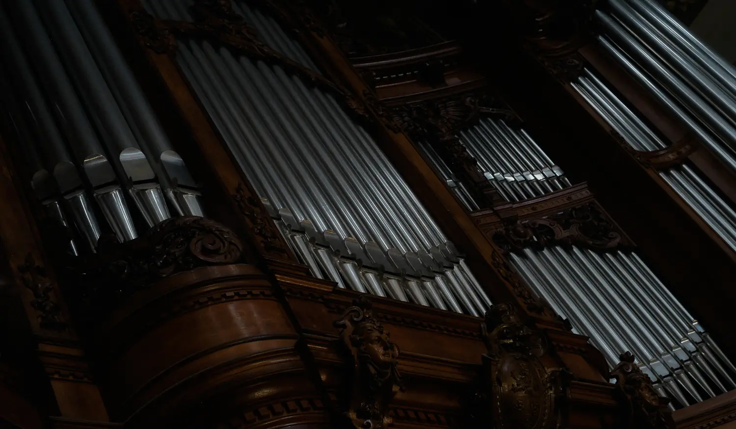 Die Aufnahme zeigt einen detailreichen Blick auf die Innenseite einer historischen Orgel. Die zahlreichen Rohre, unterschiedlicher Größe und Form, sind aus Holz gefertigt und mit filigranen Verzierungen versehen. Der Farbton ist dunkel, was eine dramatische Atmosphäre erzeugt. Im Hintergrund sind weitere Elemente der Orgel erkennbar, die das Gesamtbild ergänzen.