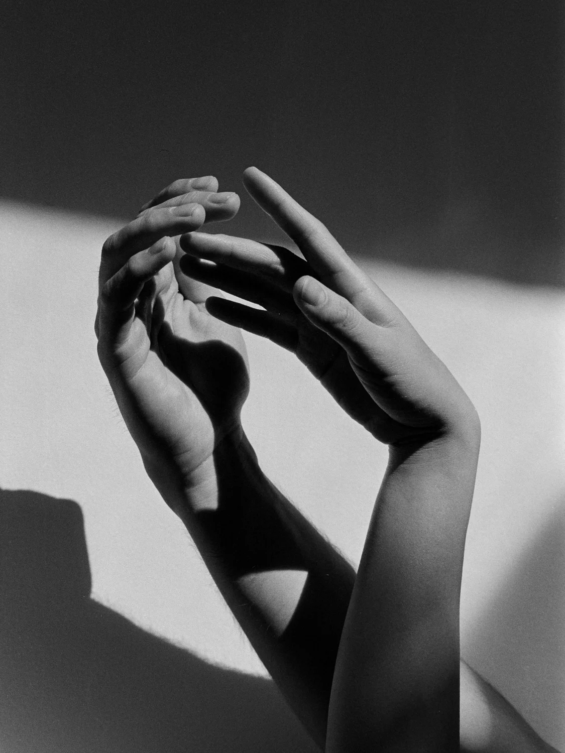 Die Aufnahme zeigt zwei Hände, vermutlich von zwei Personen, die sich berühren. Die Hände sind in Schwarzweiß fotografiert und der Fokus liegt auf den dramatischen Licht- und Schattenspielen. Die Hände sind in einer Art Umarmung oder Berührung dargestellt, wobei die Schattenpartien die Form und Textur der Hände betonen. Der Hintergrund ist weißlich und sorgt für einen Kontrast zu den dunklen Schatten.