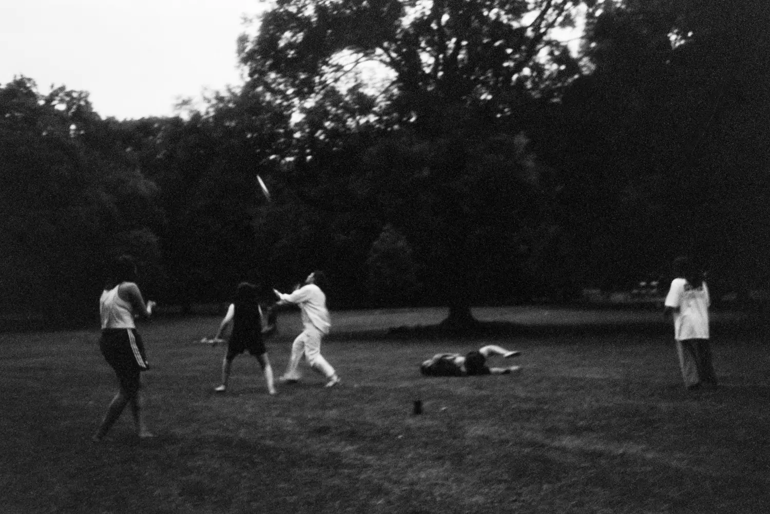 Das Schwarzweißfoto zeigt eine Szene mit einer Gruppe von Studenten der Ostkreuzschule für Fotografie, die in einem Park oder einer Grünfläche ein Spiel spielen. Die Stimmung ist angespannt und unheimlich. Einige der Studenten sind in Bewegung, während ein anderer am Boden liegt, möglicherweise verletzt. Der Hintergrund besteht aus dichten Bäumen und einer düsteren Atmosphäre.