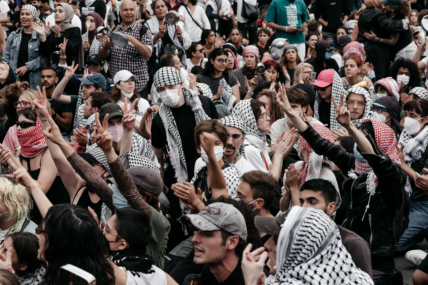 Eine große Menschenmenge bei einer Demonstration mit Palästina-Flaggen und Masken.